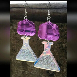 Women's silver sparkle dangle earrings Chemistry science teacher purple blue
